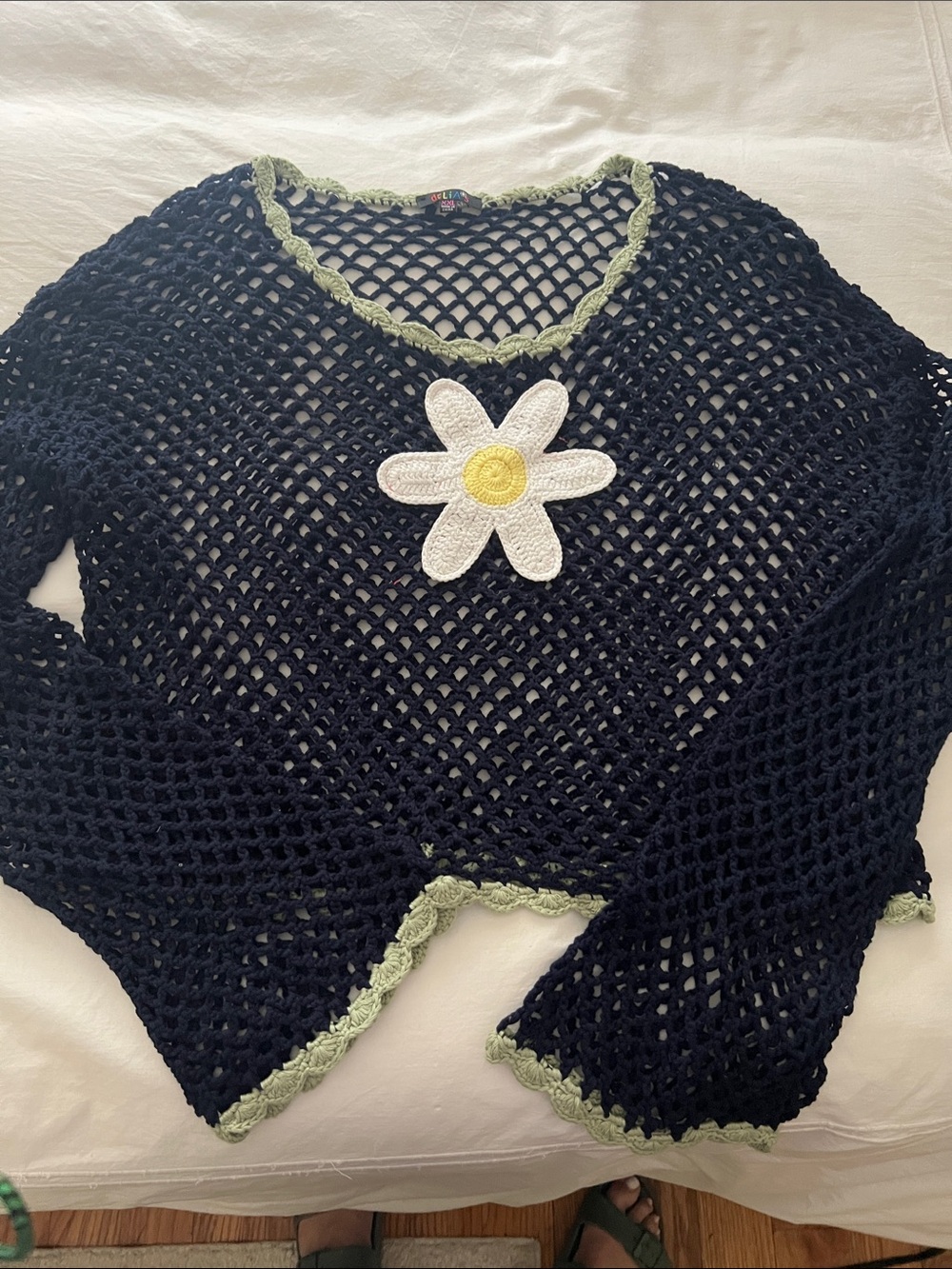 dELiA*s Navy Open-Weave V-Neck Sweater with Daisy Appliqué